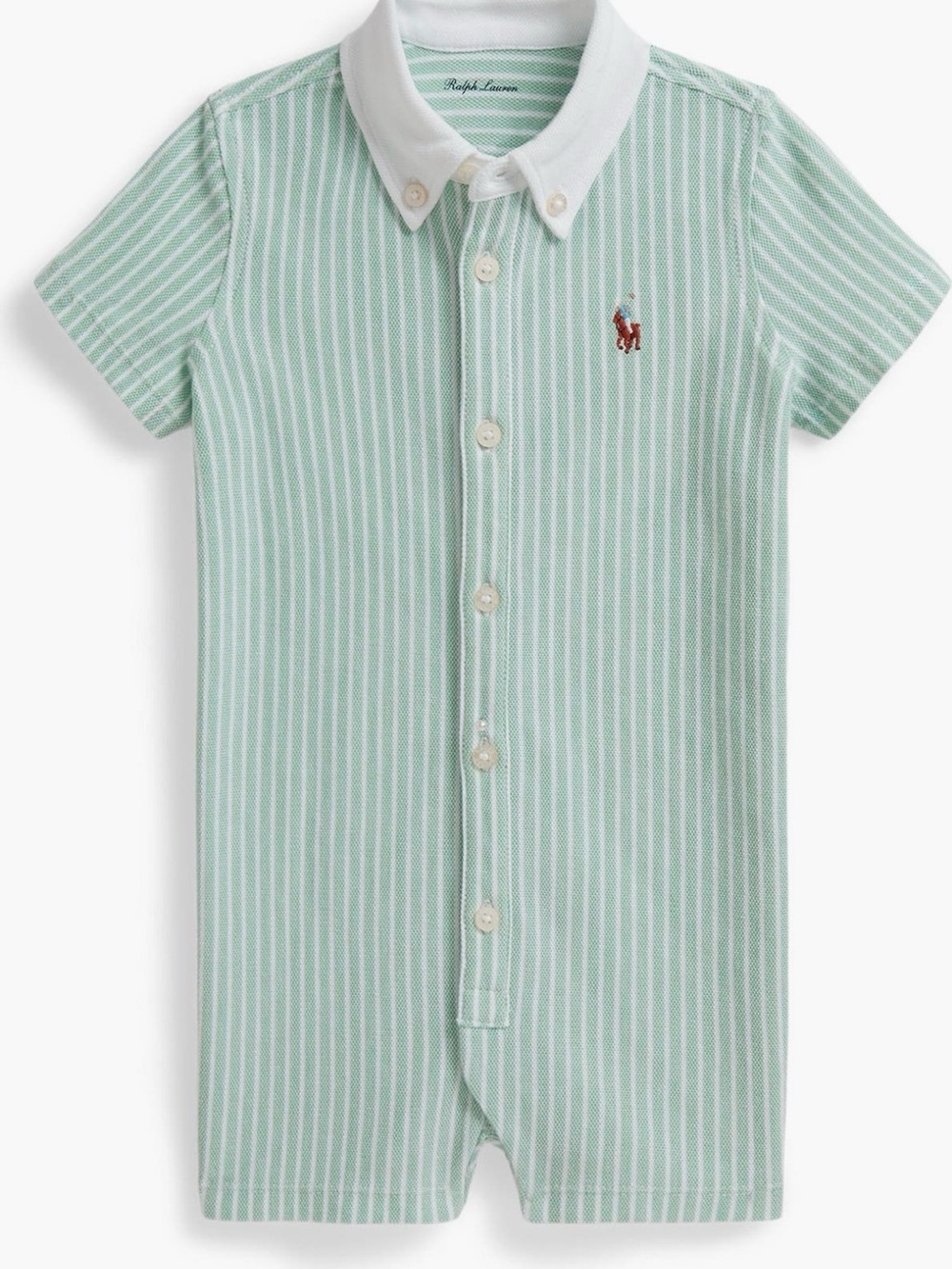 Ralph Lauren Striped Knot Mint Striped Polo Oxford Shortall Onesie Romper 3m